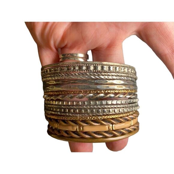 Mixed metal multi bangle bracelet set with wrap beaded bracelet and copper cuff - Picture 8 of 8